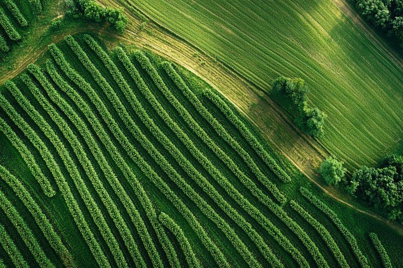 Vista aérea de uma propriedade rural com plantações e áreas de pasto ao amanhecer