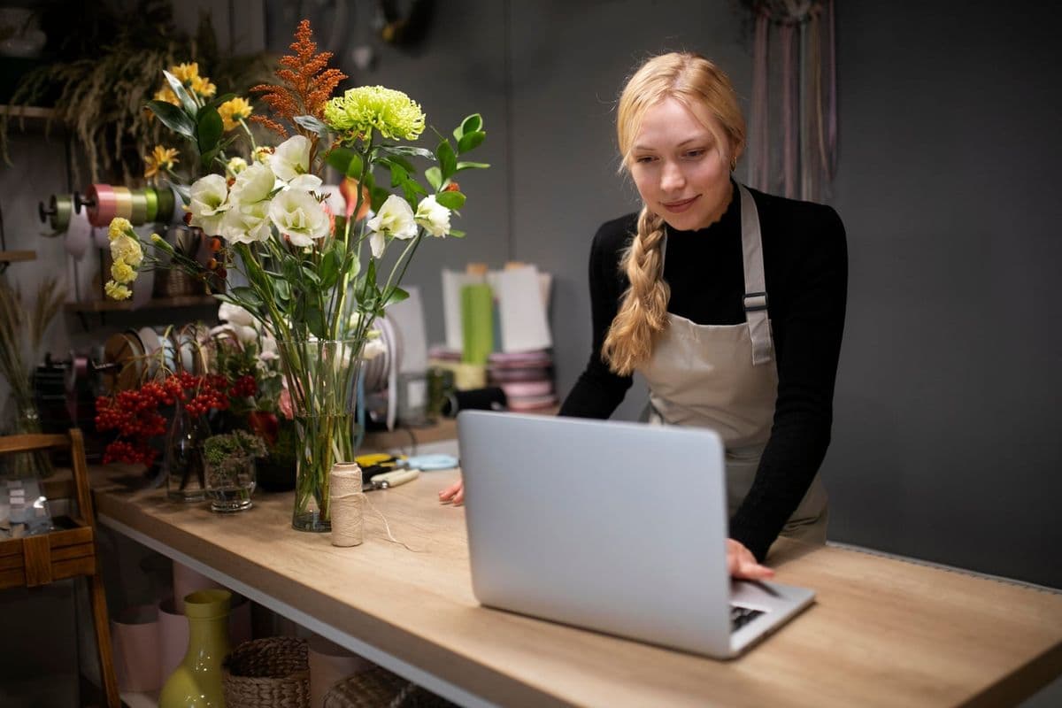 Dona de pequeno negócio usando notebook no balcão da sua loja de flores