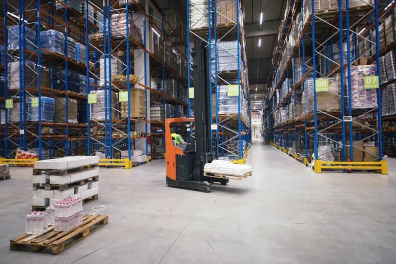 Interior de centro de distribuição com prateleiras de mercadorias e empilhadeira