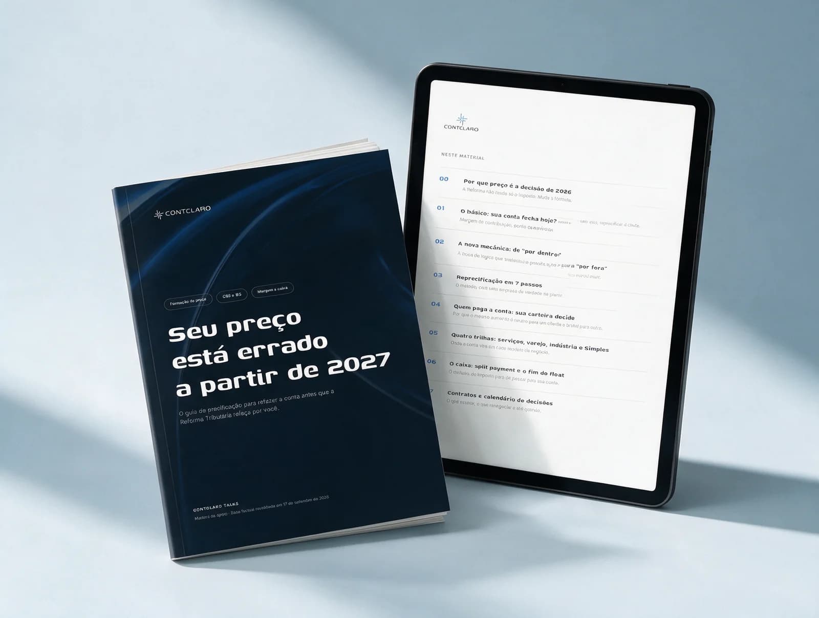 Mockup do guia digital Contclaro em um livreto e em um tablet, com a capa e o sumário do PDF.